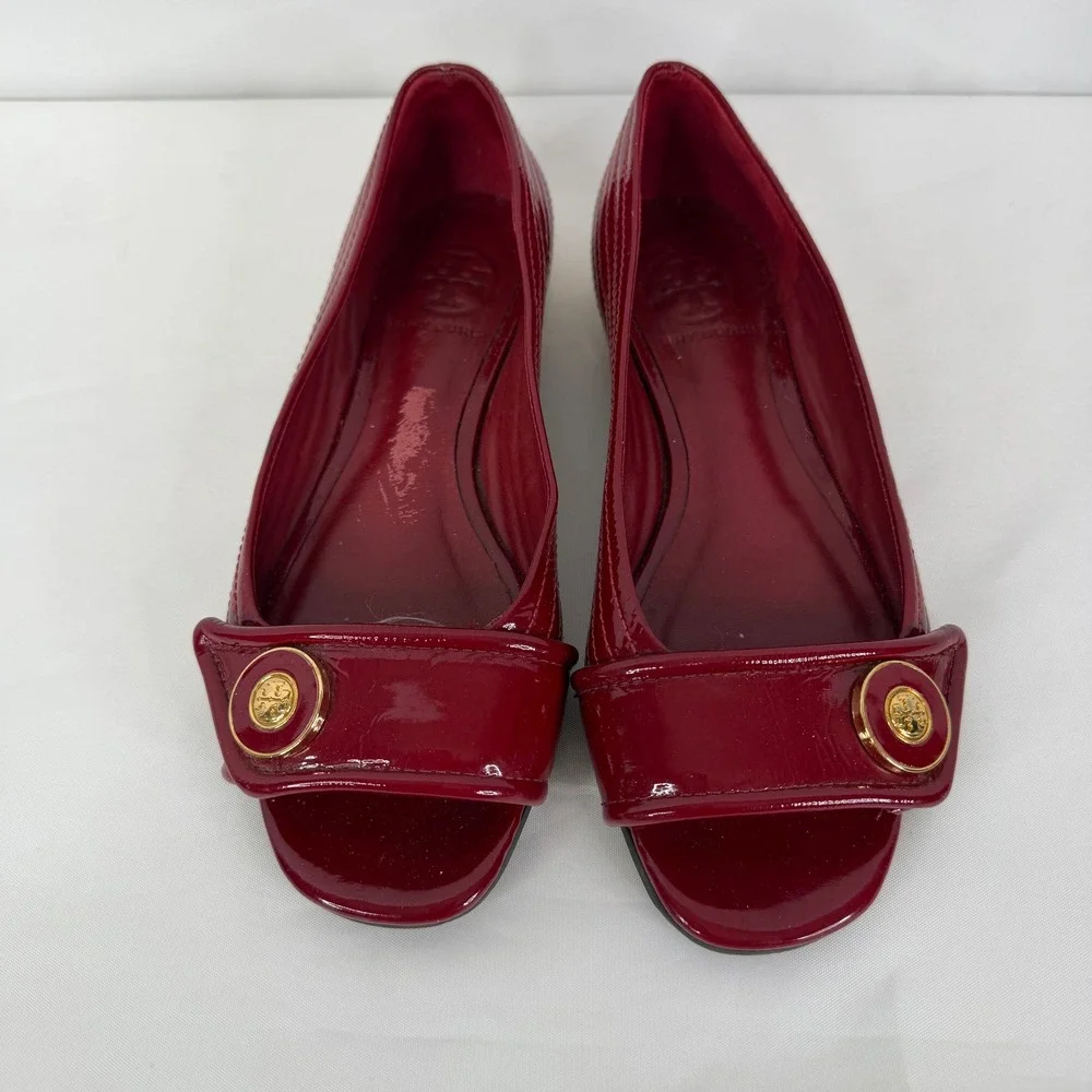 Tory Burch Red Patent Leather Quilted Open Toe Logo Medallion Flats Shoes